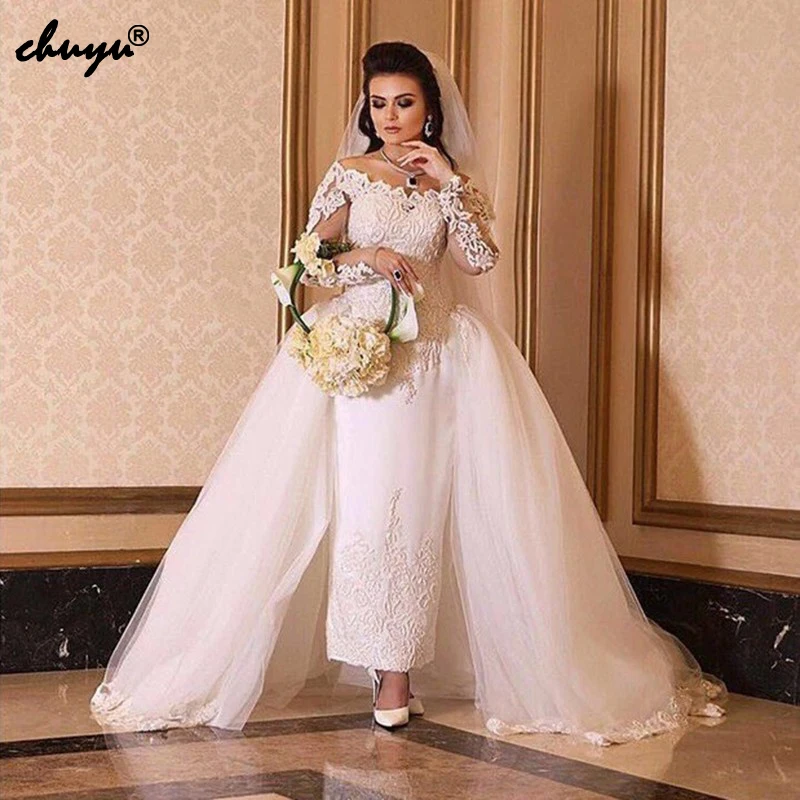 

Detachable Vestido De Noiva 2019 Wedding Dresses Off the Shoulder Long Sleeves Lace Boho Dubai Arabic Wedding Gown Bridal