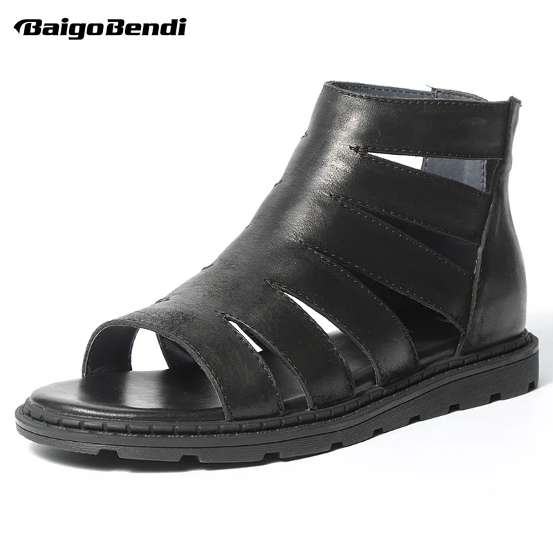 

Rome Style Cross-tied Sandals Men Full Grain Leather White Hight Cut Sandals Zip Hollow Out Boys Trendy Summer Gladiator Shoes