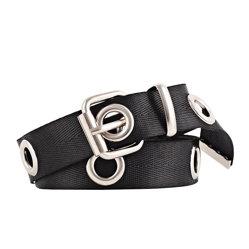 

Hot selling Unisex belt casual ring black metal belt female students jean Nylon waist belts tide silvery pin buckle Men lady