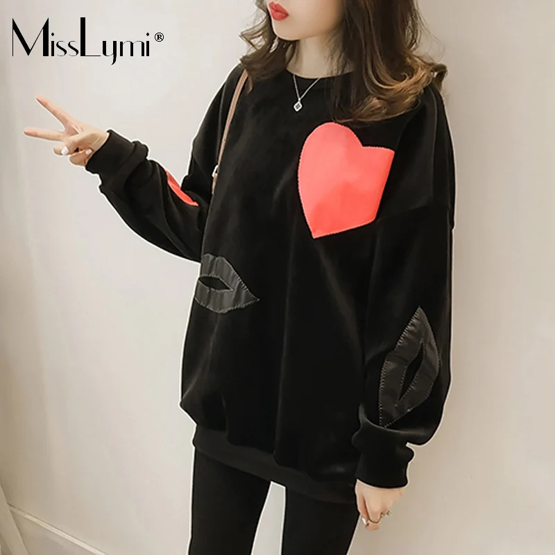 

L-4XL Plus Size Velvet Sweatshirts Women 2019 Winter Streetwear Heart and Lips PU Leather Patch Long Sleeve Loose Casual Hoodies