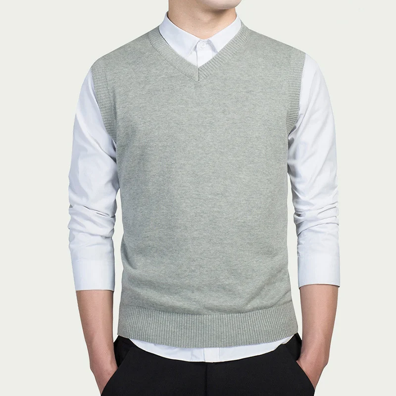 Mens Knitted Cotton Vest Slim Sweater Sleeveless V Neck Pullover