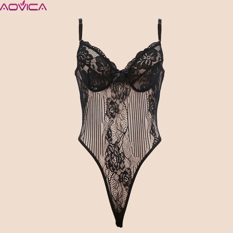 

Aovica Black bow lace bodysuit women backless transparent sexy body jumpsuit rompers 2019 catsuit bodysuits slim overalls
