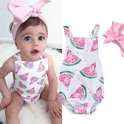 Newborn Toddler Kid Baby Girl Print Romper Jumpsuit Sunsuit+Headband Clothes Set 