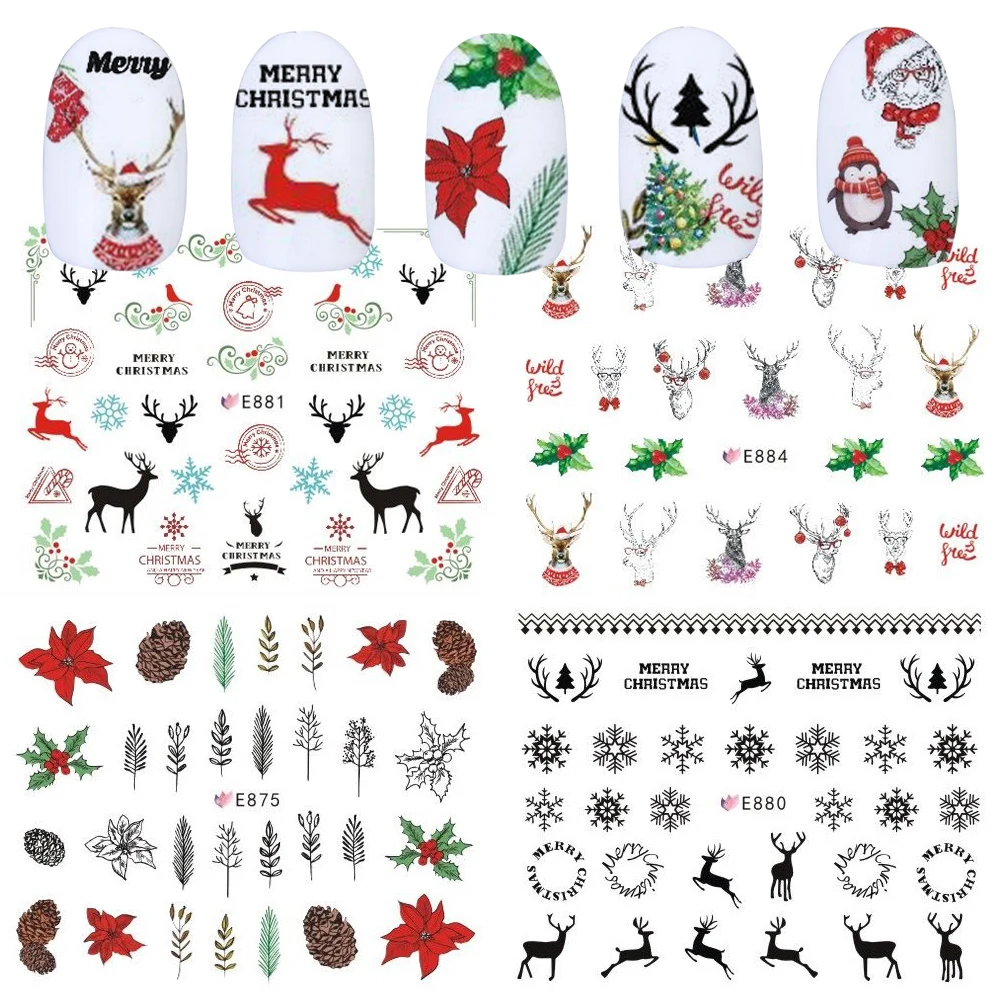 

11 Design Slider For Nails Christmas Adhesive Decals Deer Animal Flower Image Nail Art Stickers 3D Manicure Decor Tip TRE875-885