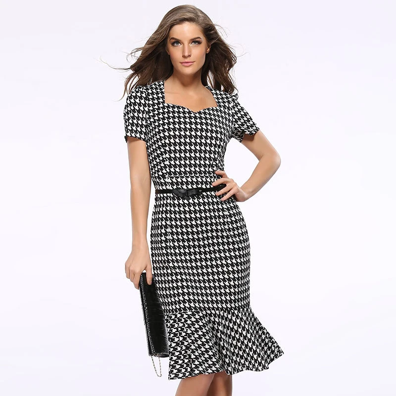 2018 Black White Plaid Mermaid Dress Short Sleeve Squar Collar Simple Slim Autumn Fashion Women Vestidos | Женская одежда