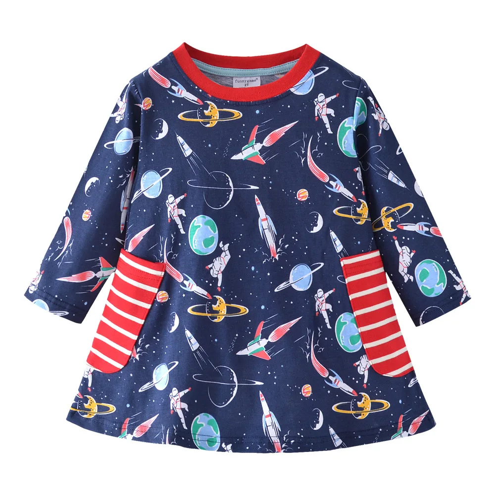 

Long Sleeve One-piece Kid Dress Universe Earth Rocket Spacecraft Astronaut Planet Stripes Pocket Sun Costume for Girls Age 2-7T
