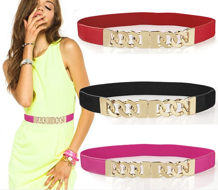 

Women Newest Sexy Gold Metal Metallic Plate Wide Waist Stretch Elastic Belt Brand Elastic Waist Band Chain