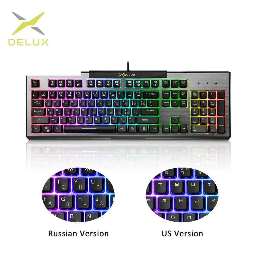 Koop Delux KM9036 ONS amp; Russische Versie Gaming Toetsenbord 7 Kleur Backlight 104 Toetsen Standaard Toetsenbord Mechanische Gevoel Gamer PC Laptop