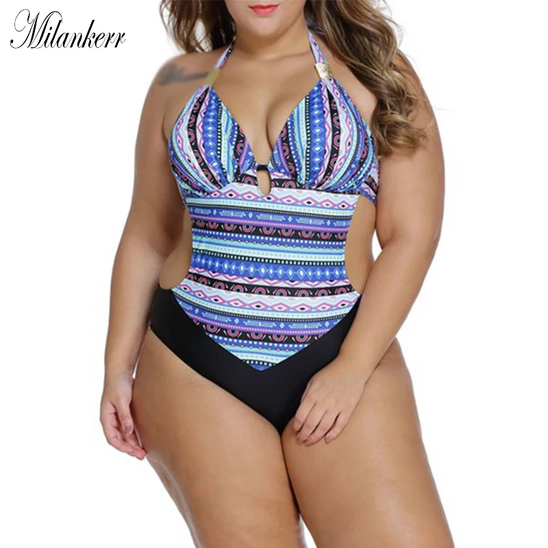 

2018 New Plus Size Swimwear Women One-piece Swimsuit Retro Digital Print Push Up Swimsuit Sexy Backless Halter Monokini M-2XL