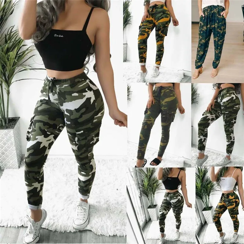 

2019 Women's Elastic High Waist Harem Pants Camo Cargo Trousers Casual Pants Military Army Combat Camouflage Sports