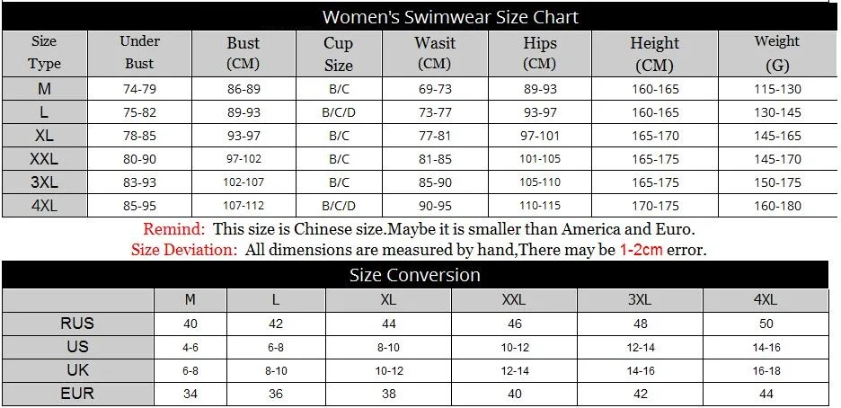 size chart for M-4XL