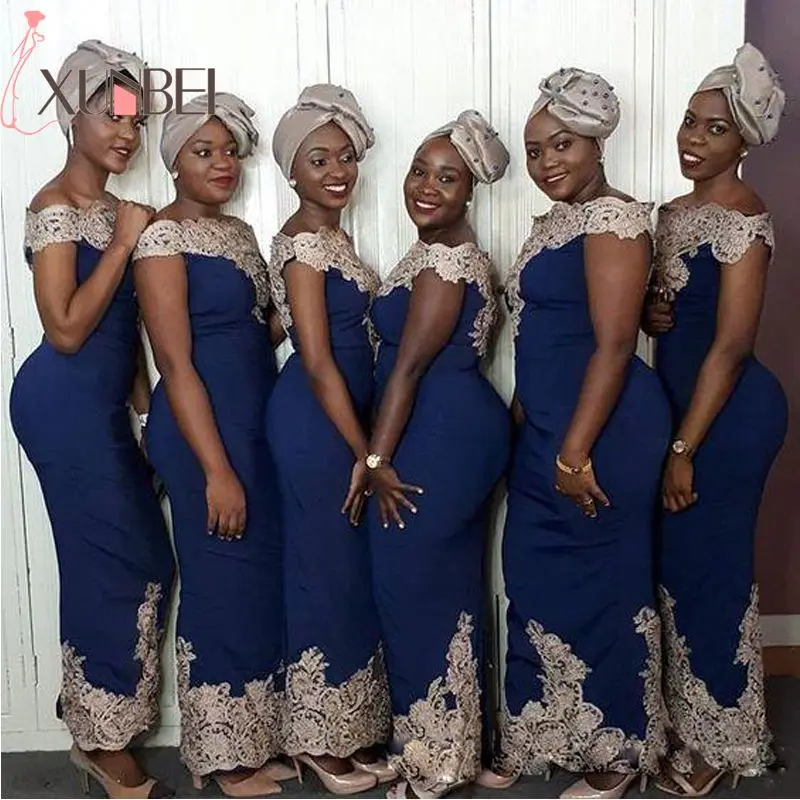 Африканские нигерийские синее силуэт "Русалка" Длинные платья подружек невесты с открытыми плечами Золотые Аппликации Атласное Платье для свадебной вечеринки