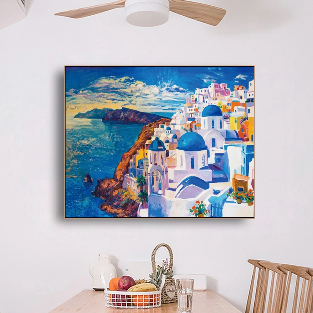 

Laeacco Canvas Painting Calligraphy Beautiful view from Santorini Posters and Prints Wall Pictures Living Room Home Decoration
