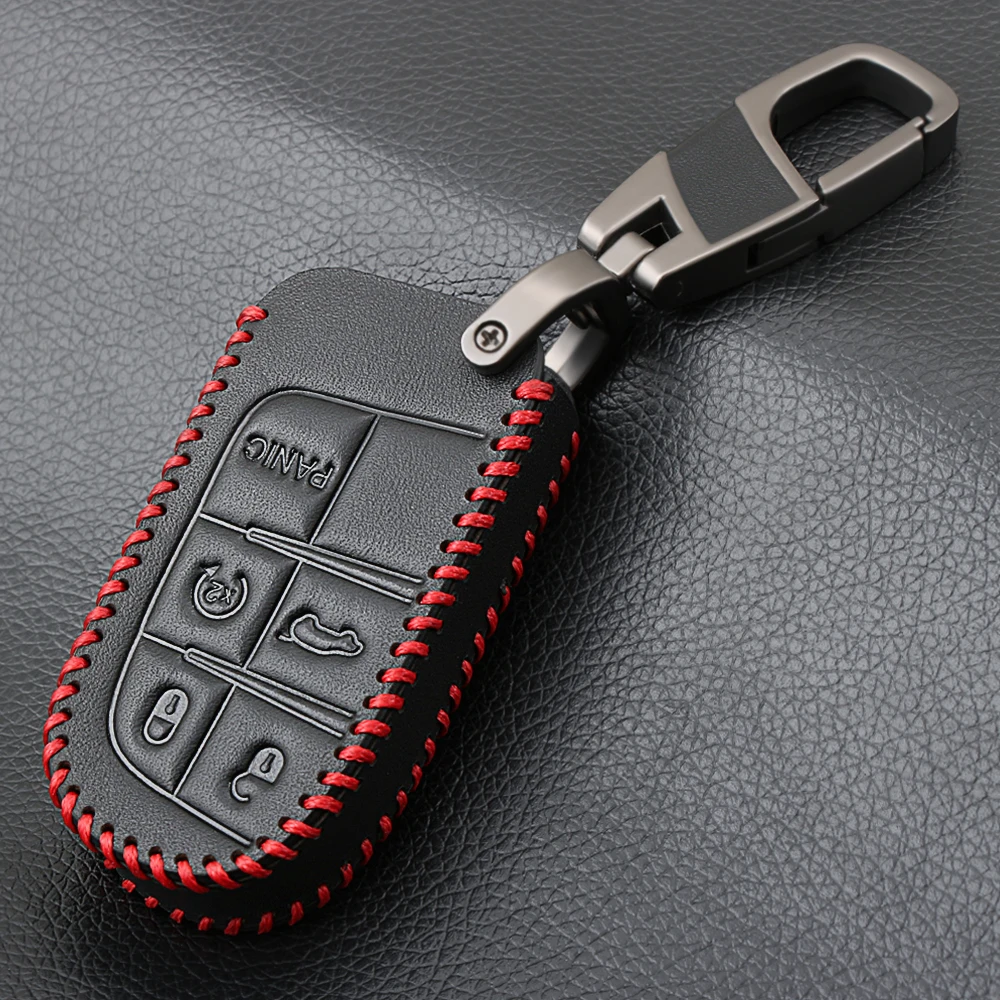 5 Buttons Leather Key Cases Fob Cover For Fiat Dodge Charger Dart Challenger Durango Jeep Grand Cherokee Chrysler 300 Smart Keys