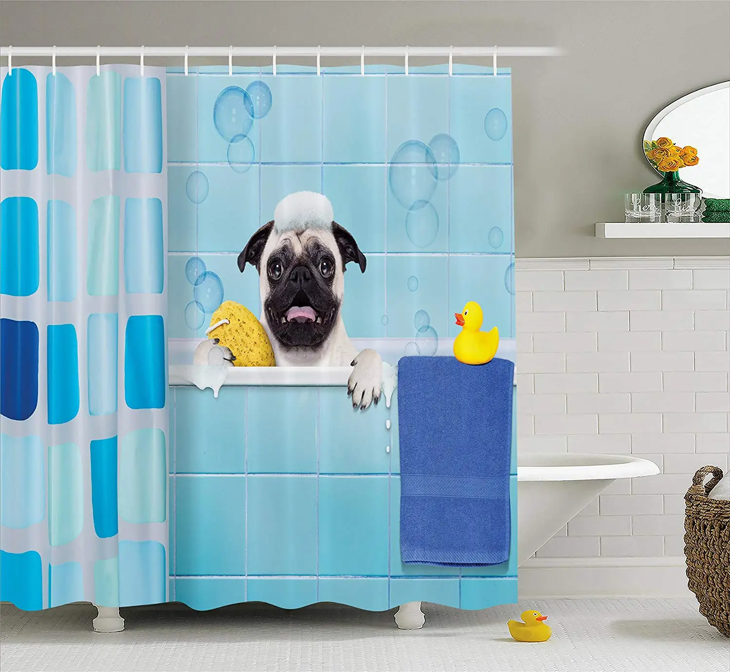 Buy Lunarable Pug Shower Curtain Pug Dog in a Bathtub