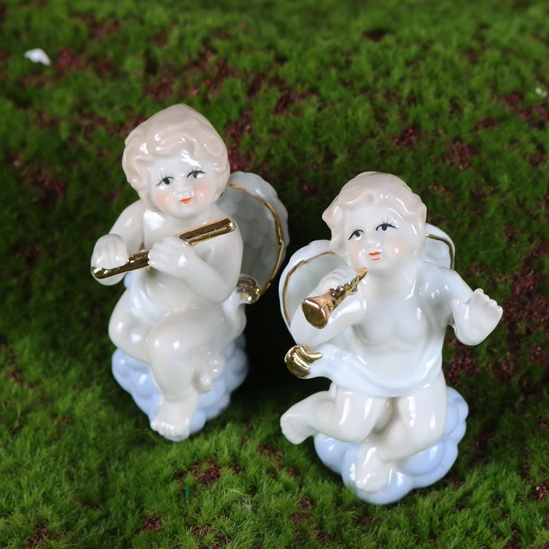 

New Arrival Ceramic Handicraft Angel Figurines Home Decoration Medium Size Trumpet Angel Flute Angel Children Gift