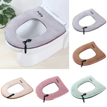 

Cartoon Cat Warm Leather Velvet Toilet Cover Seat Lid Pad Zipper Cartoon Style Bathroom Winter Mat