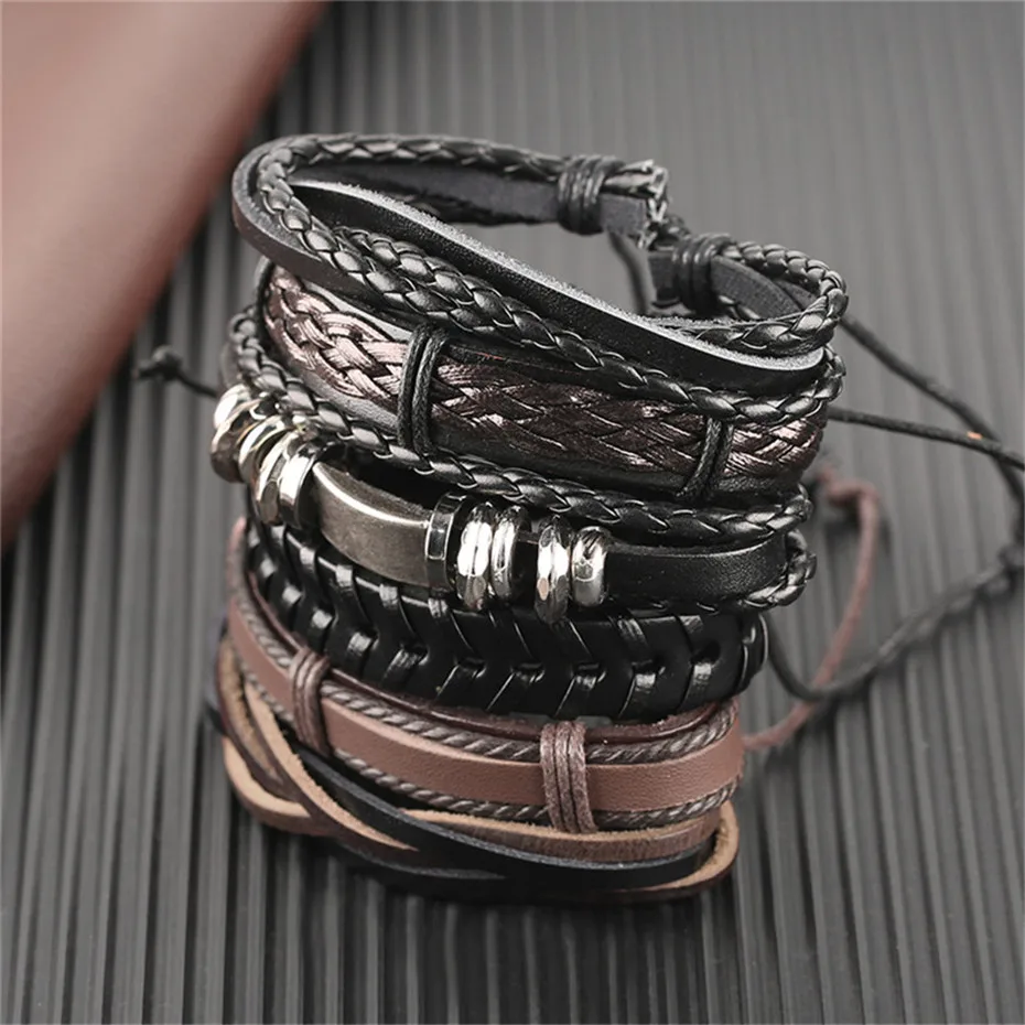 Black Brown Geometric Shape Rope Chain Mens Bracelet Set Punk Genuine Leather Bracelet Charms Gifts For Men (7)