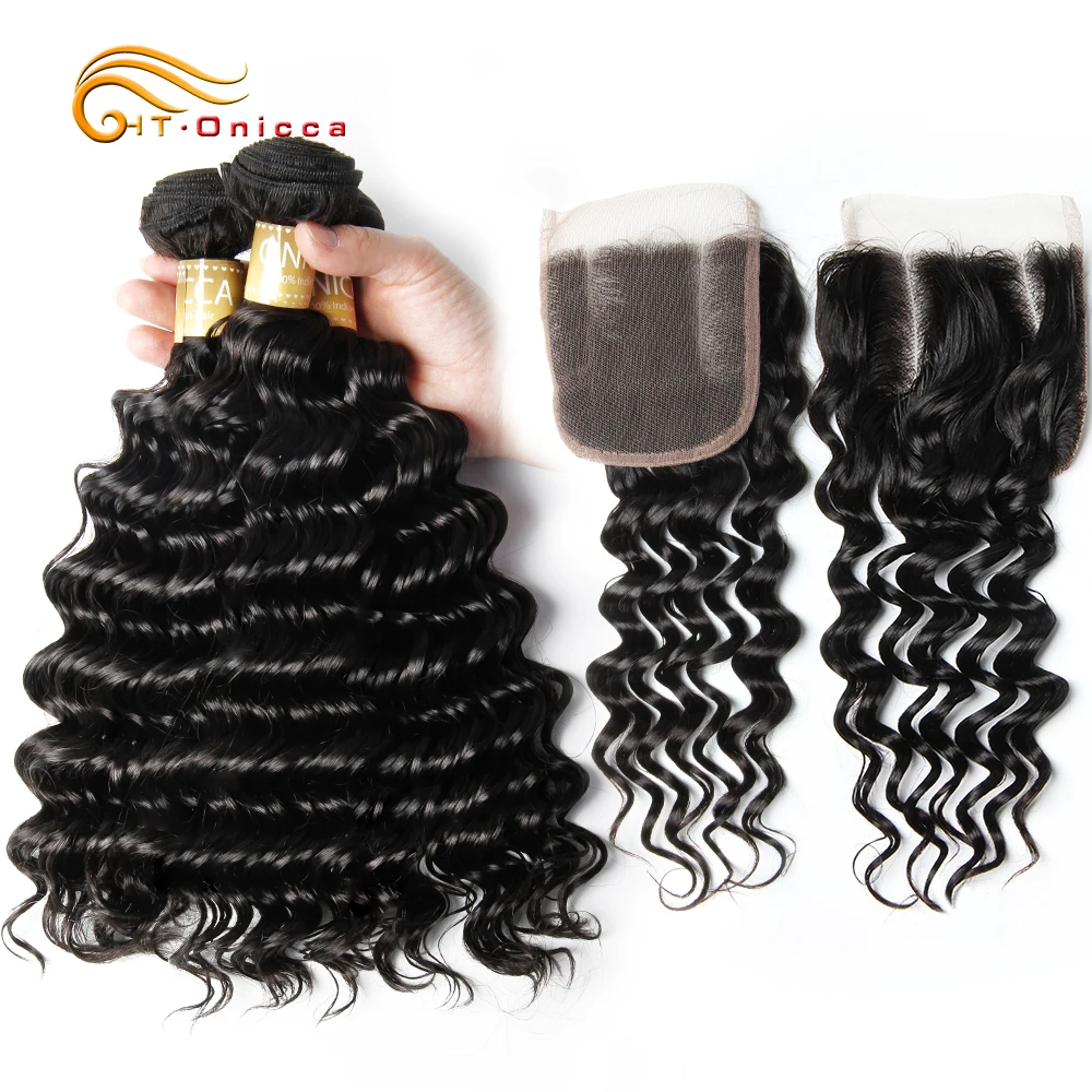 

Brazilian Deep Wave Bundles With Closure Human Hair Bundles With Closure 3 Bundles With Closure Natural Black Non Remy Hair