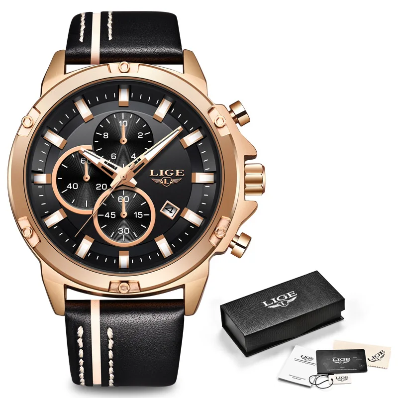 

Mens Watches LIGE Top Brand Luxury Casual Leather Sports Wristwatch Men Gold Waterproof Large Dial Watch For Men Erkek Kol Saati
