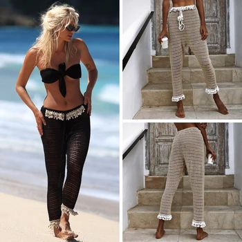 

2019 Sexy Beach Bikini Cover Up Pants Elastic Waist Handmade Crochet Knit Mesh Pants Sexy Vacation Women Pants