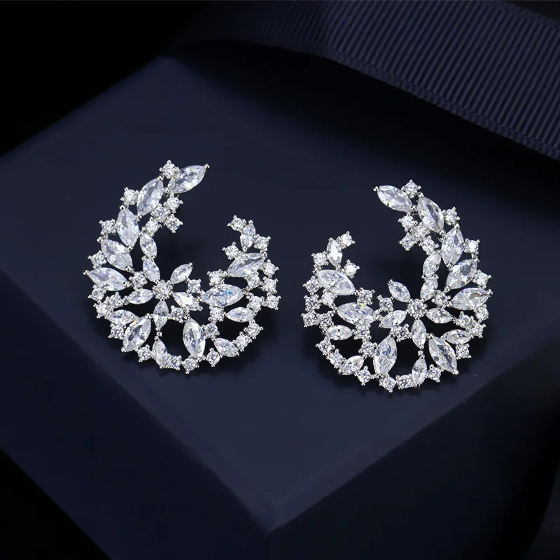 

New Symmetrical Flower Design Royal Blue Cubic Zirconia Big Cute Summer Moon 925 Sterling Silver Earring Studs Jewelry For Women