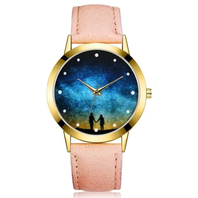 

Women Fashion Starry Sky Leather Band Analog Quartz Round Wrist Watch Watches casual couple pattern leather bracelet watches