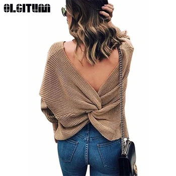 

Hot Sale Fashion Women Sexy V-neck Batwing Sleeve Sweater Twist Back Double sides Wearing Junper Female Black Gray Pullover