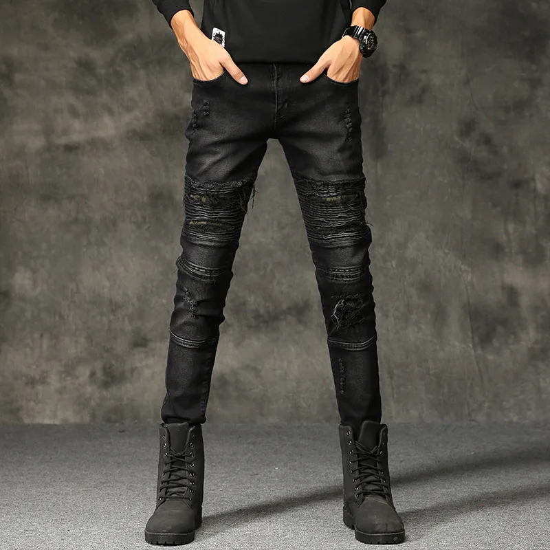Мужские черные обтягивающие джинсы мото Байкер тонкие джинсовые длинные джинсы новые модные мужские дырочки плиссированная джинсовая