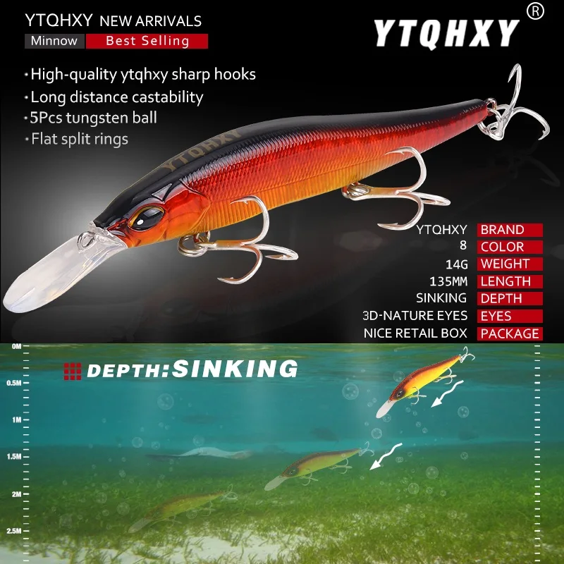 YTQHXY Minnow жесткая наживка 135 мм 14 г медленно тонет с крючками Trebke Swimbait твердая