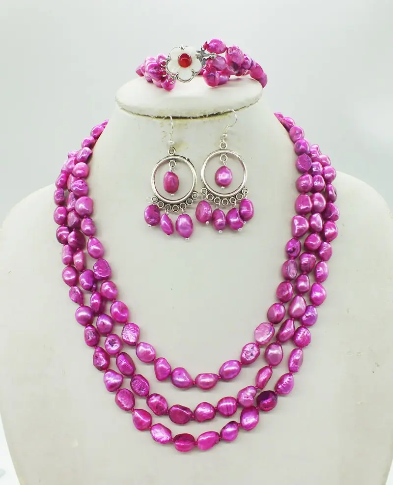 Very perfect, bridal wedding necklace.3 rows of natural freshwater pearl necklaces. Bracelet. Stud earrings. Necklace set