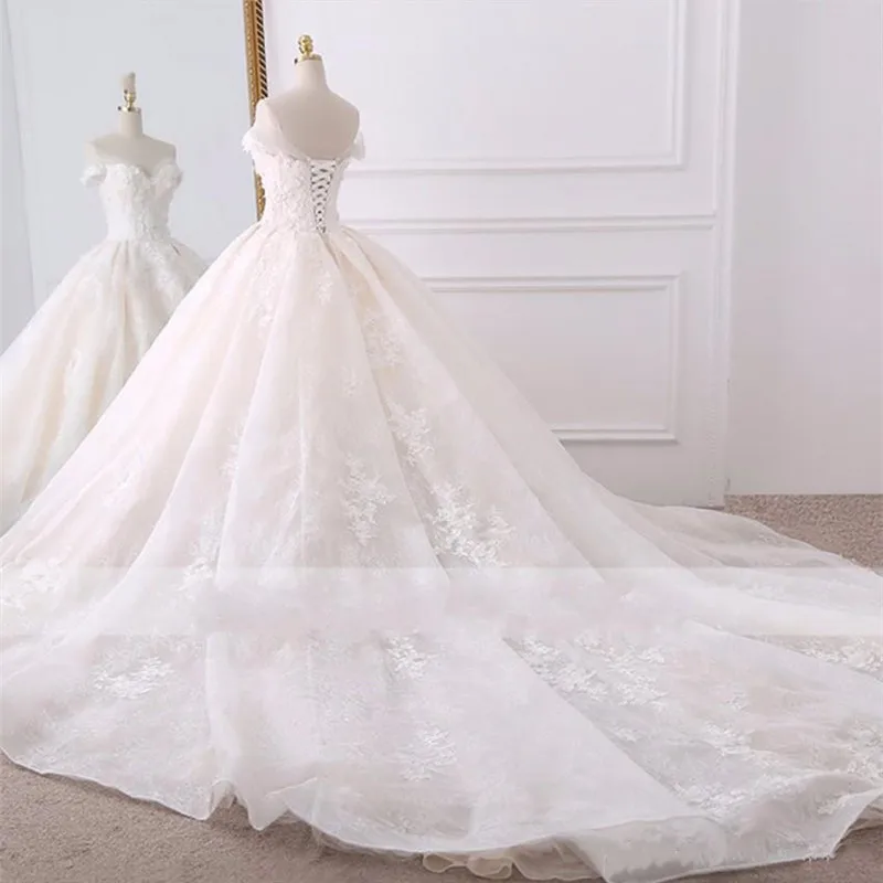 

Luxurious A-line Wedding Dresses Lace Up Back Court Train Princess Arabic Bride Dress Wedding Gowns Custom Made Size