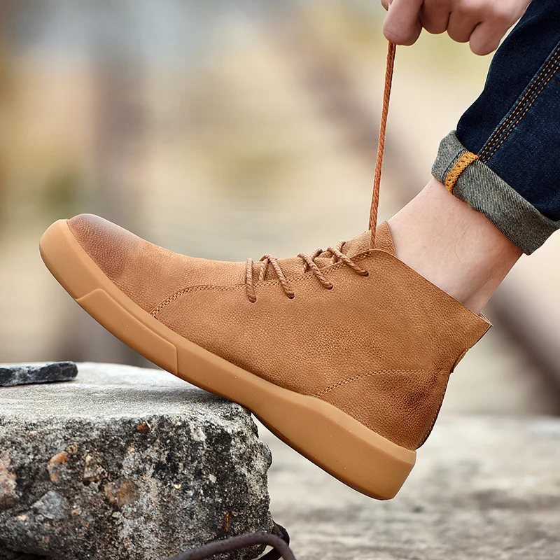 

Vintage Fashion Men's Chelsea Boots Autumn Winter Cowhide Leisure Shoes Round Toe Split Leather Ankle Boot Lace-up Work Shoes
