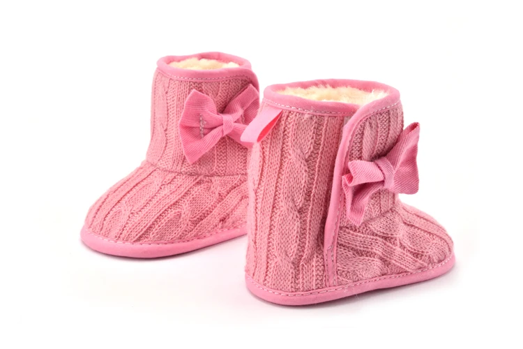 Детская зимняя теплая вязаная флисовая обувь для малышей, обувь для первых шагов, красивые ботильоны с бантом для маленьких девочек и мальчиков