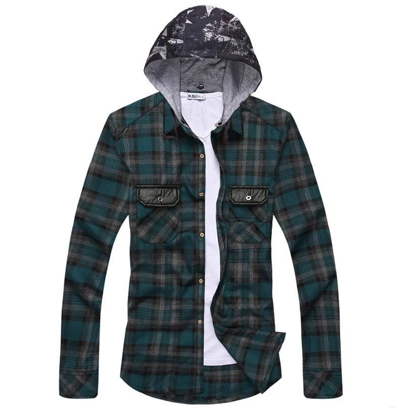 Mens Button Plaid Shirt Long Sleeve Flannel Plaid Casual Shirt Hooded