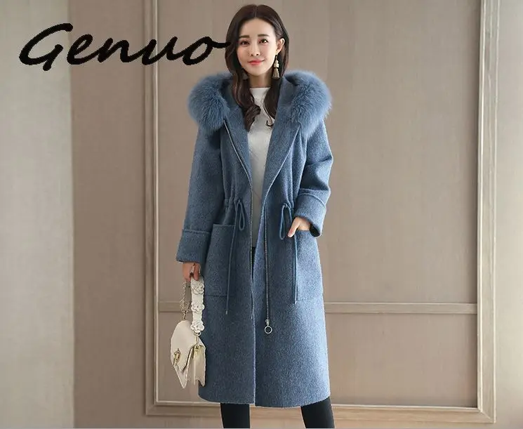 Genuo Новое модное однотонное женское длинное шерстяное пальто тонкая женская куртка на молнии с карманами и меховым воротником синее кашемировое пальто и куртка