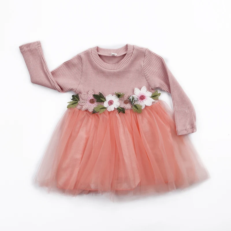 Довольно для маленьких девочек платье принцессы с длинными рукавами и круглым вырезом Цветочный Пояс кружевное платье-пачка платье-свитер комплект осень-зима партии - Цвет: Розовый