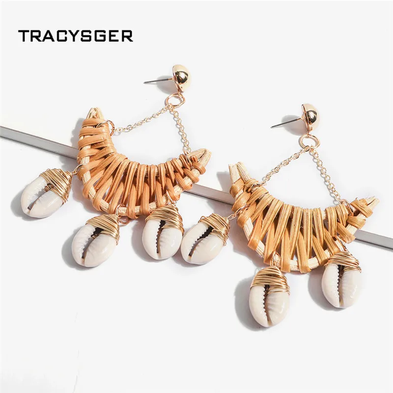

DB-84512 /TRACYSGER/ 2019 New Hand-woven rattan crescent cowry shell earrings
