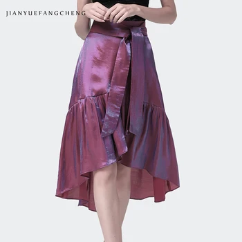 

High Street Satin Women' Skirt Belted Lace-up A-Line High Waist Jupe Femme Irregular Length Patchwork Pleated Lady Summer Skirts