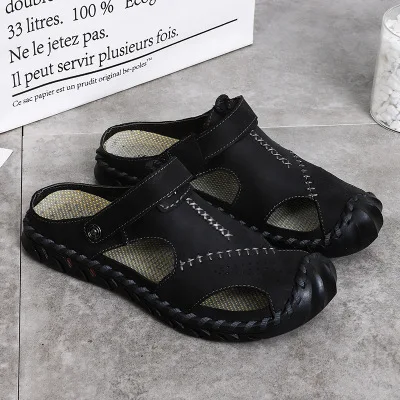 Новое поступление, летние мужские кожаные пляжные сандалии Baotou с защитой от столкновений повседневные сандалии-шлепанцы с мягкой нескользящей подошвой - Цвет: Black