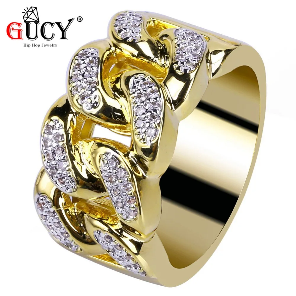 

GUCY Hip Hop Ring Bling Bling Jewelry All Iced out Micro Pave Cubic Zirconia Stones Cuban Chain Ring for Men.Gift