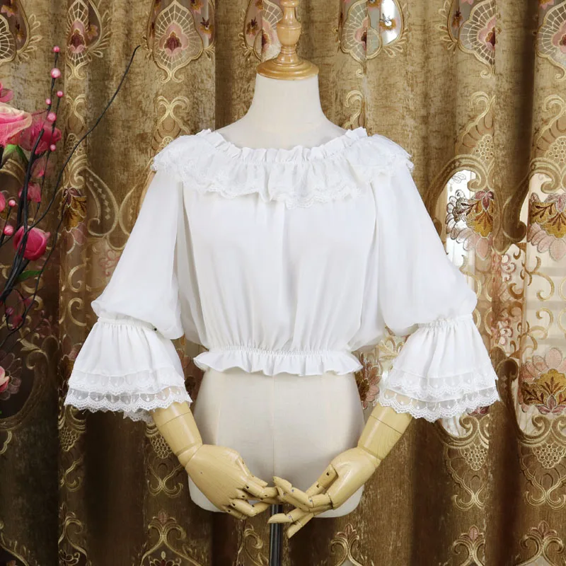 

White Lace Ruffled Slash Neck Three Quarter Sleeve Gothic Lolita Blouse Victorian Women Chiffon Shirt Blusas Mujer De Moda 2018