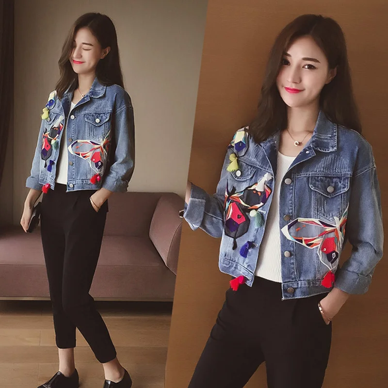 

Nice Women Ripped Short Denim Jacket Ladies Tassel Patches Butterfly Embroidery Jean Coat Tops H8