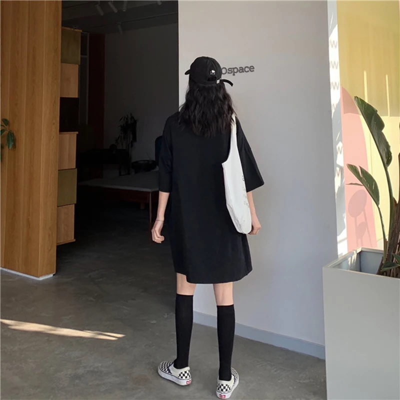 Женская однотонная летняя футболка Harajuku свободная негабаритная длинная футболка с коротким рукавом с круглым вырезом Повседневная модная футболка женская верхняя одежда