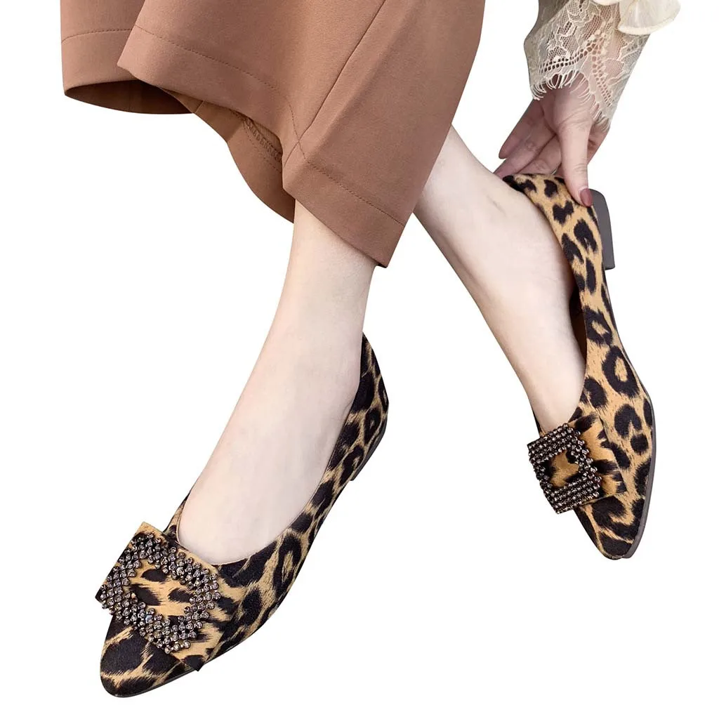 

Luxury Womens Flat Shoes Cover Heel Round Toe Casual Women's Shoes Four Seasons Leopard Shallow Mouth Casual Rhineston Shoes