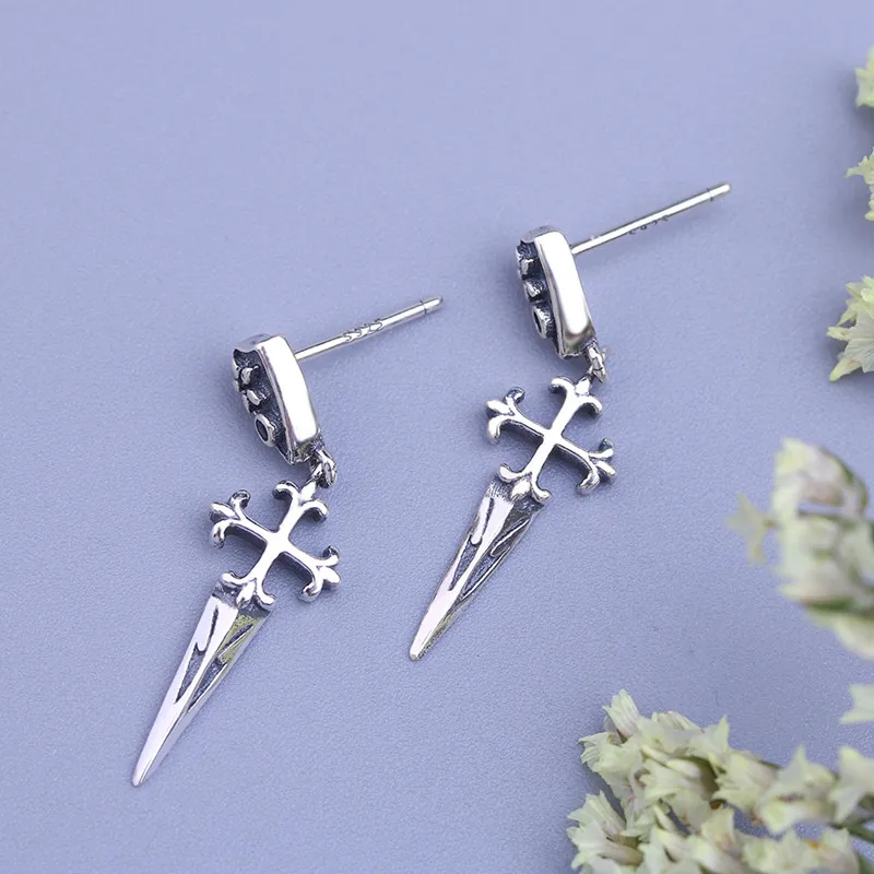 

VOJEFEN Punk Style 925 Sterling Silver Cross Drop Earrings Vintage Silver Dangle Earrings for Women Men Jewelry