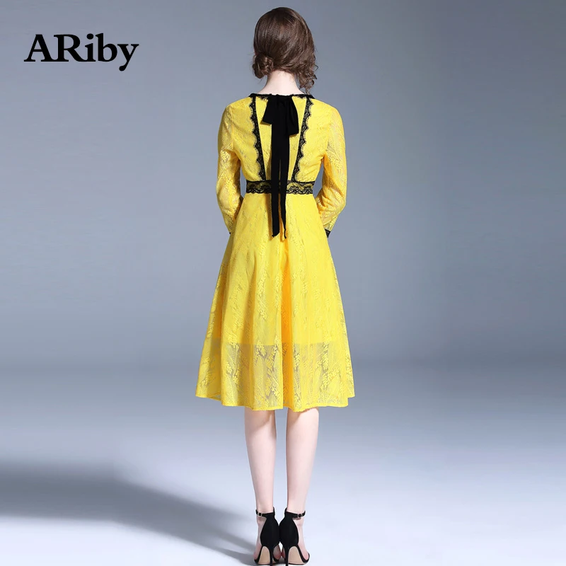 Women Dress Elegant Summer Lace Round Collar Dress 2019 Fashion High QualityPatchwork Three Quarter Sleeves Solid A-Line Dress
