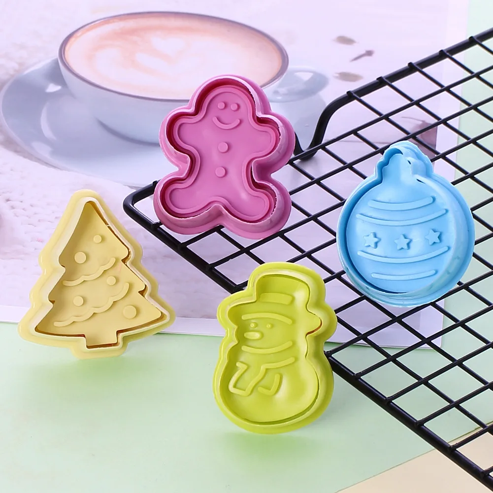 

4pcs Cookie Stamp Biscuit Mold Snowman Christmas Tree Fondant Cookie Plunger Cutter Mold Christmas Cookie Cutters Baking Tools