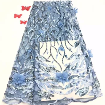 

2019 Latest Nigerian Beaded Laces Fabrics High Quality Tulle African Laces Fabric red For Wedding French 3D Tulle Lace sky blue(