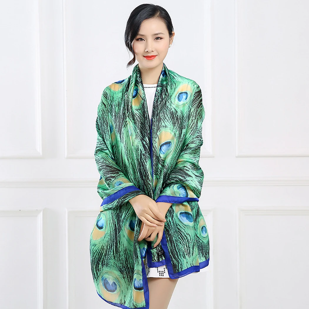 

Silk Scarf Women Fashion Peacock Feather Printed Boho Long Scarves Shawl Ladies Summer Beach Wrap Foulard 180*90CM